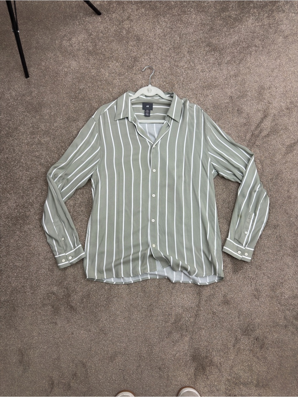 H&M Sage Green and White Vertical Stripe Button-Down Shirt